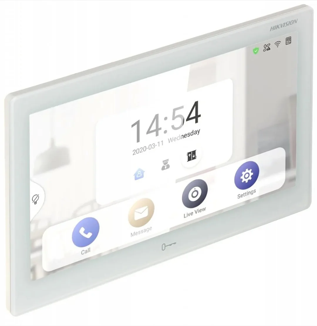A Hikvision indoor station: a wall-mounted glass touchscreen showing call, live view and settings controls on one screen